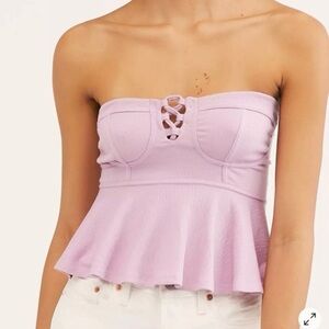 Free People Lavender Purple Strapless Peplum Lace Up Smocked Crop Top Medium